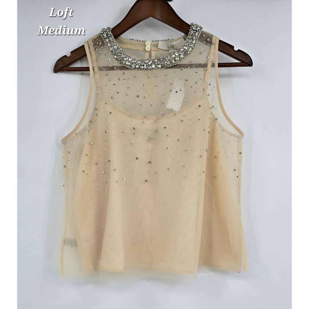 LOFT Glam Romantic Embellished Sheer Overlay Tank Top – Ecru Cloud Small NWT
